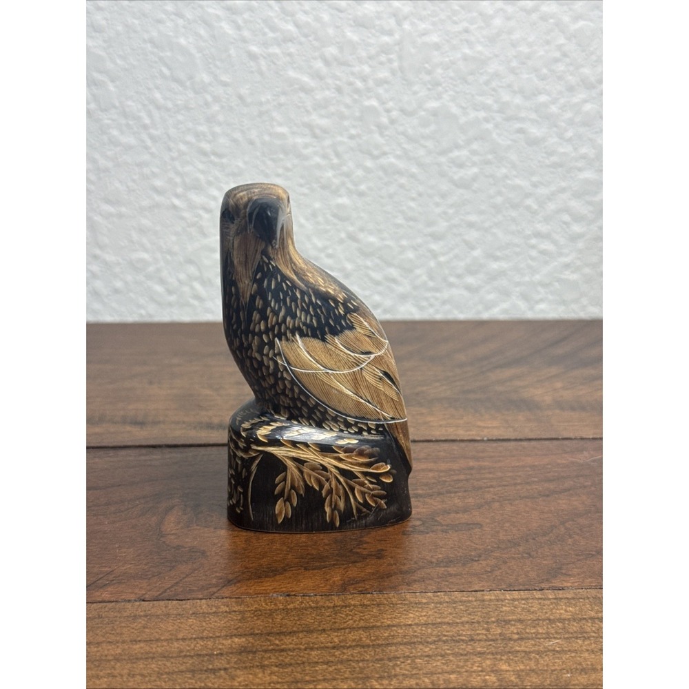 Vintage Hand Carved Cattle Horn Eagle Bird Figurine Art